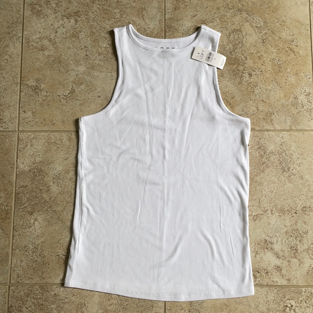 Loft Crew Neck Racer Back White Ribbed Knit Tank